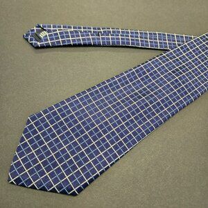 Vintage Lands End Blue Silk Grid Pattern Tie 62" USA Made Mens Classic Necktie